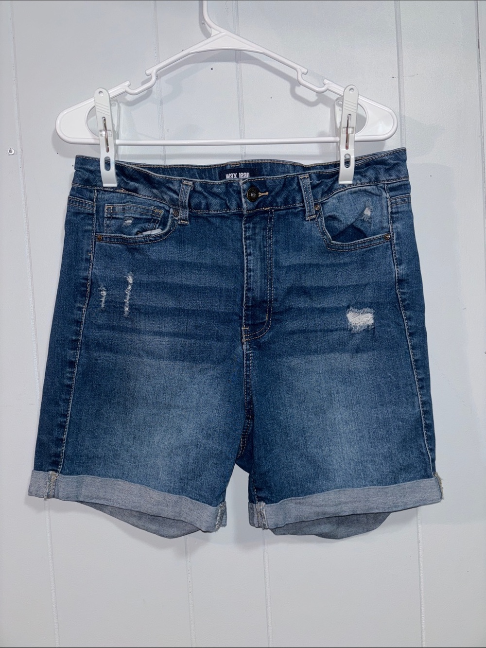 Wax Jean Rolled Hem Distressed Denim Shorts